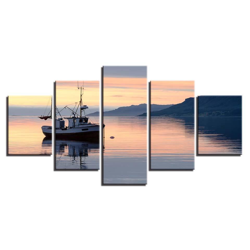Ship and Mountain Sunrise Seascape 5 Piece HD Multi Panel Canvas Wall Art Frame - Original Frame
