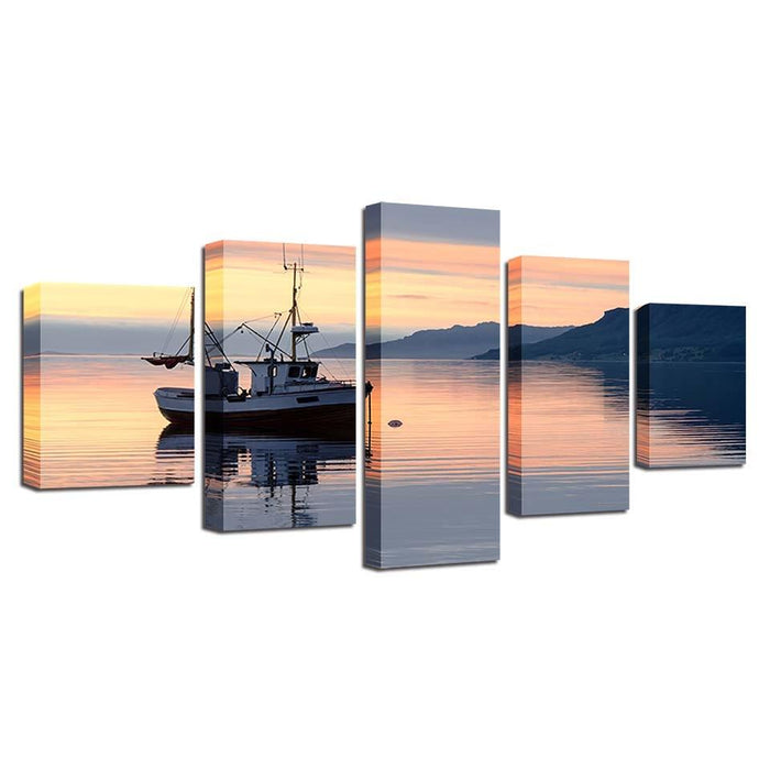 Ship and Mountain Sunrise Seascape 5 Piece HD Multi Panel Canvas Wall Art Frame