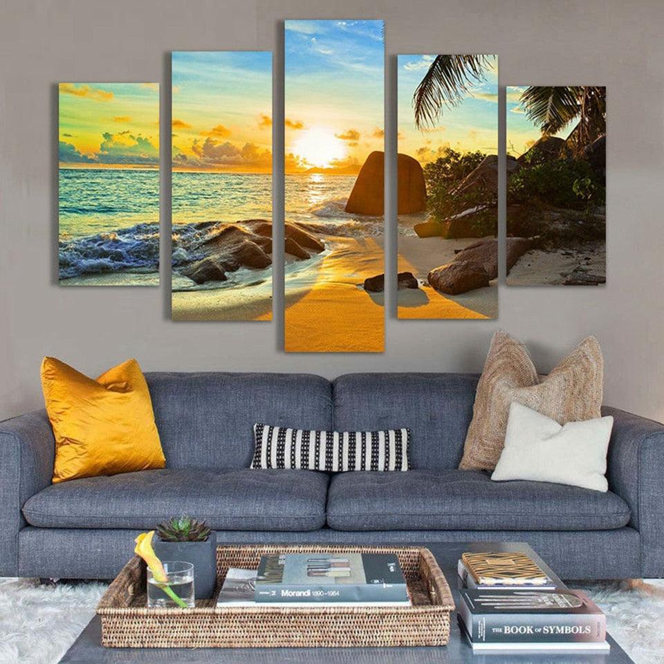 Coconut Tree Reef 5 Piece HD Multi Panel Canvas Wall Art Frame - Original Frame