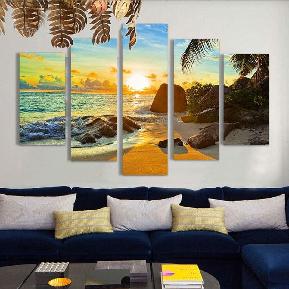 Coconut Tree Reef 5 Piece HD Multi Panel Canvas Wall Art Frame - Original Frame