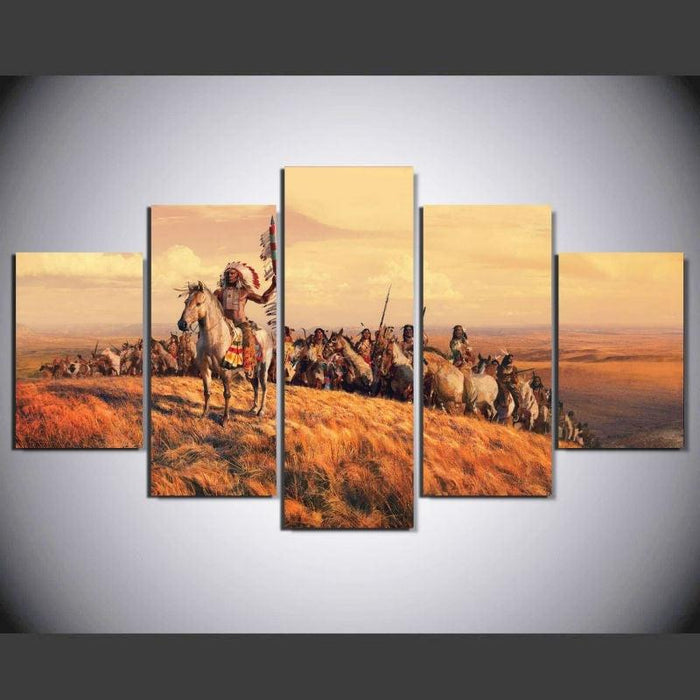Indians on Horses 5 Piece HD Multi Panel Canvas Wall Art Frame