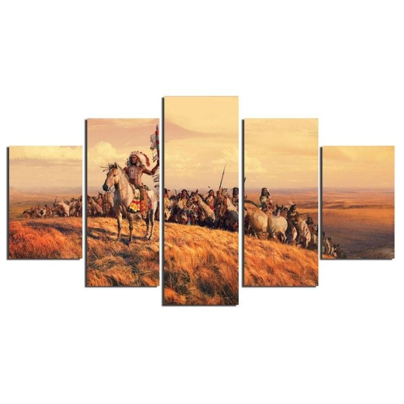 Indians On Horses 5 Piece HD Multi Panel Canvas Wall Art Frame - Original Frame