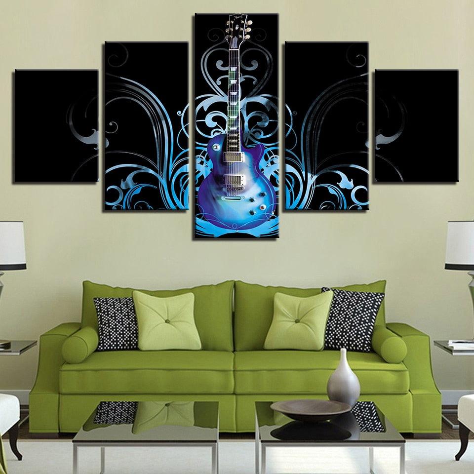 Artsy Blue Guitar 5 Piece HD Multi Panel Canvas Wall Art Frame - Original Frame