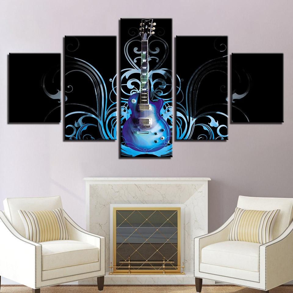 Artsy Blue Guitar 5 Piece HD Multi Panel Canvas Wall Art Frame - Original Frame