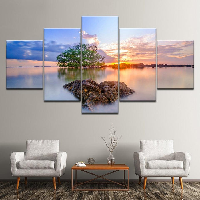 Sunrise Trees 5 Piece HD Multi Panel Canvas Wall Art Frame - Original Frame