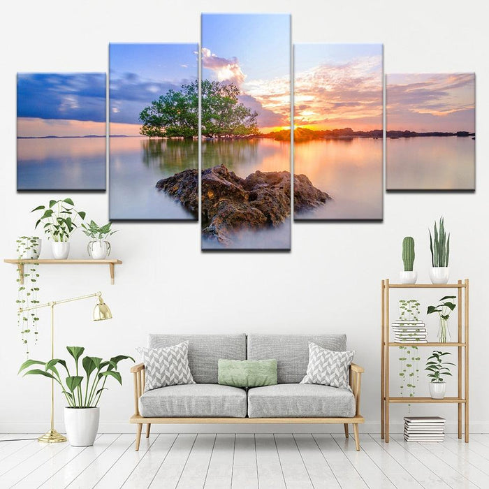 Sunrise Trees 5 Piece HD Multi Panel Canvas Wall Art Frame - Original Frame