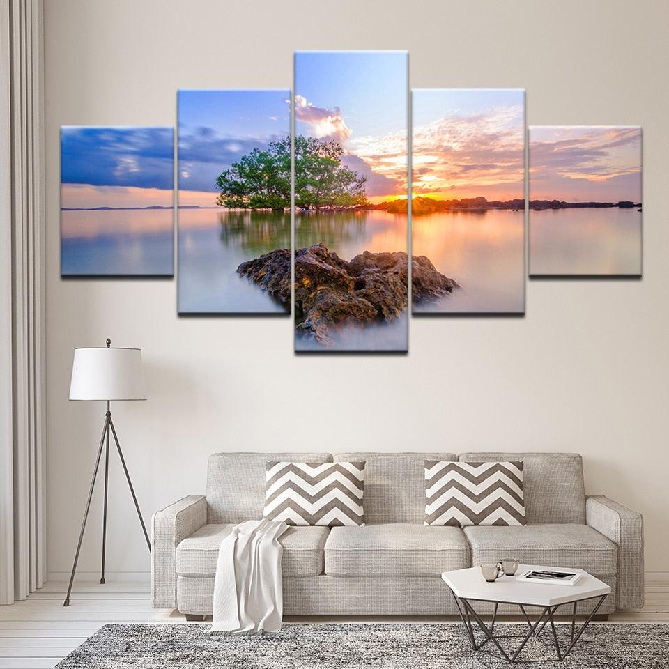 Sunrise Trees 5 Piece HD Multi Panel Canvas Wall Art Frame - Original Frame