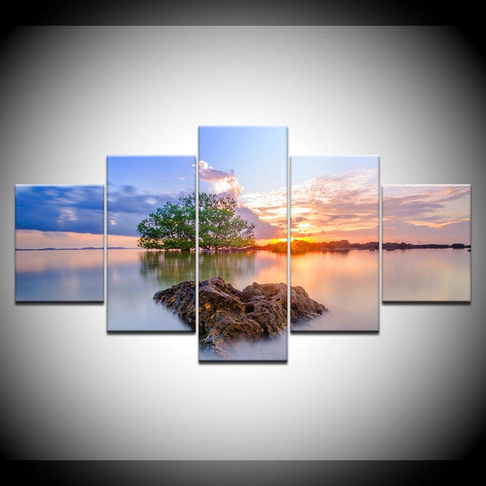 Sunrise Trees 5 Piece HD Multi Panel Canvas Wall Art Frame - Original Frame