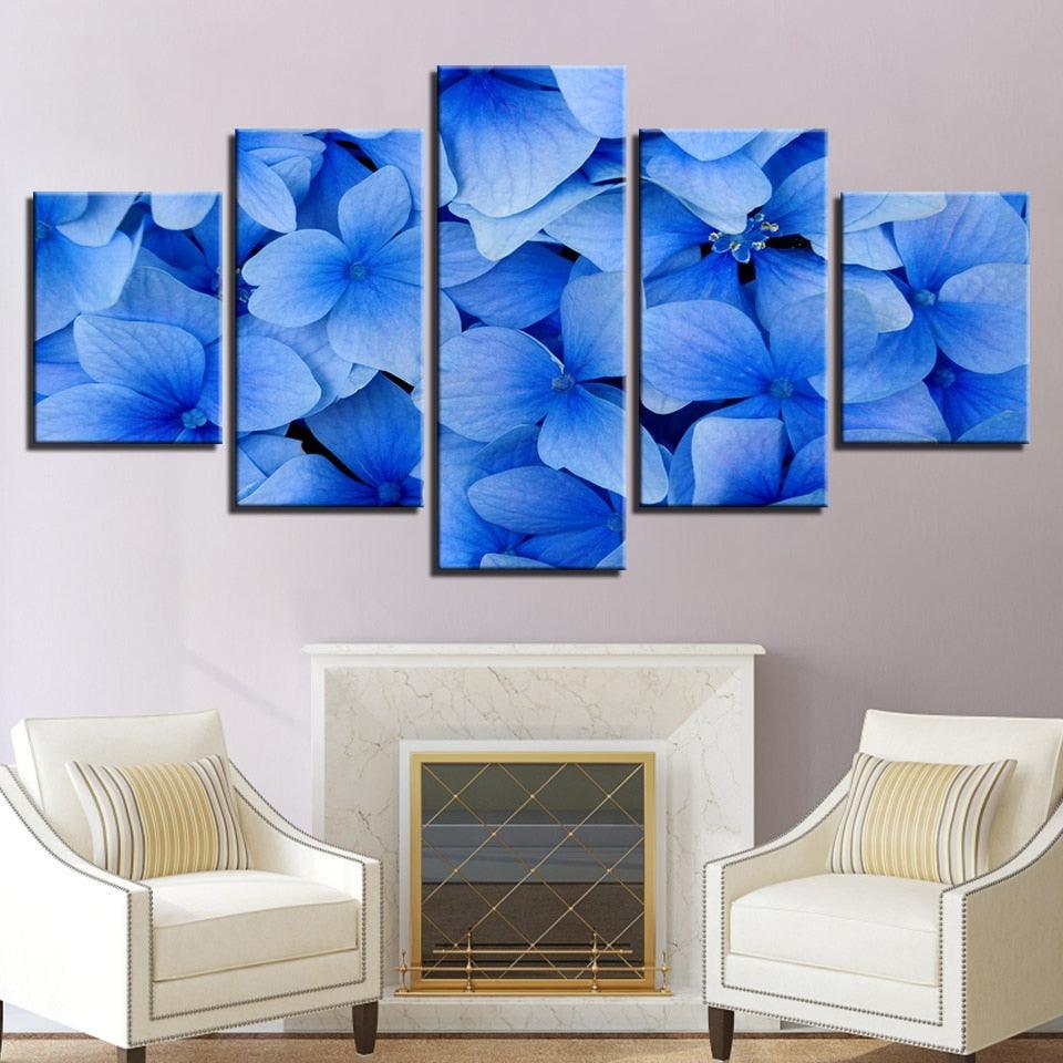 Blue Flowers 5 Piece HD Multi Panel Canvas Wall Art Frame - Original Frame