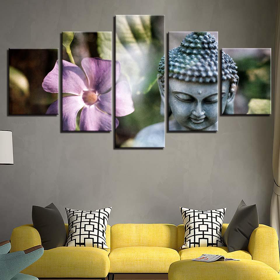 Stone Buddha Statue And Flower 5 Piece HD Multi Panel Canvas Wall Art Frame - Original Frame