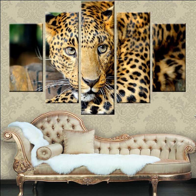 Animal Leopard 5 Piece HD Multi Panel Canvas Wall Art Frame - Original Frame
