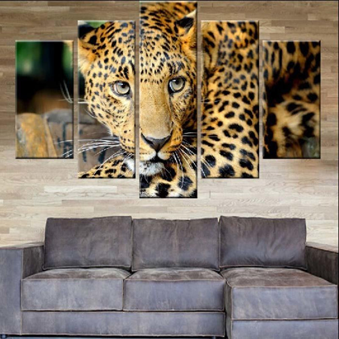 Animal Leopard 5 Piece HD Multi Panel Canvas Wall Art Frame - Original Frame