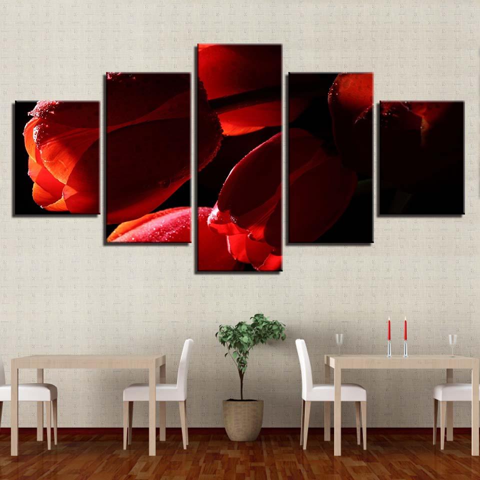 Red Tulips Flowers 5 Piece HD Multi Panel Canvas Wall Art Frame - Original Frame
