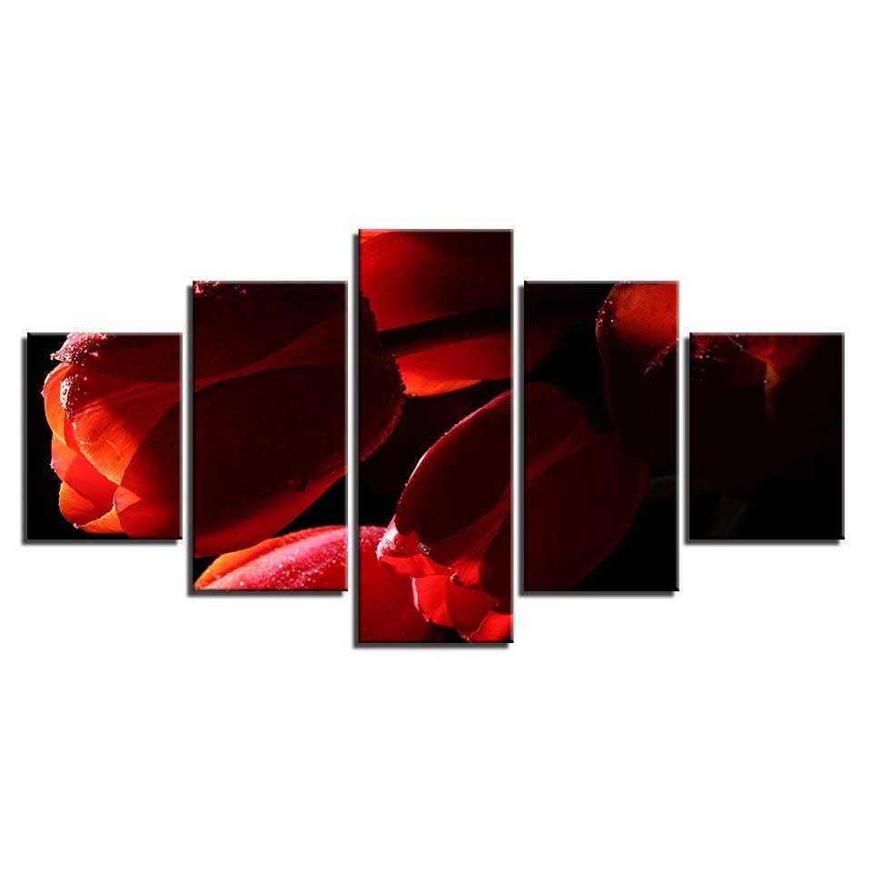 Red Tulips Flowers 5 Piece HD Multi Panel Canvas Wall Art Frame - Original Frame