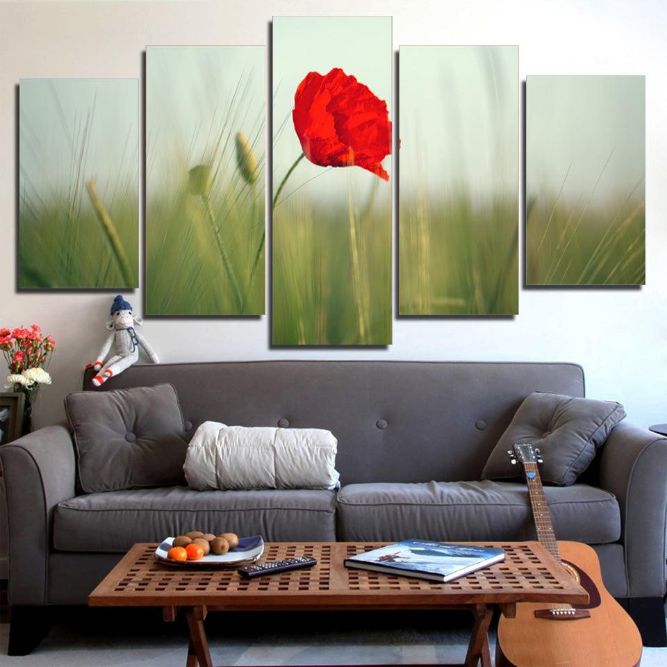 Red Poppy Flowers 5 Piece HD Multi Panel Canvas Wall Art Frame - Original Frame