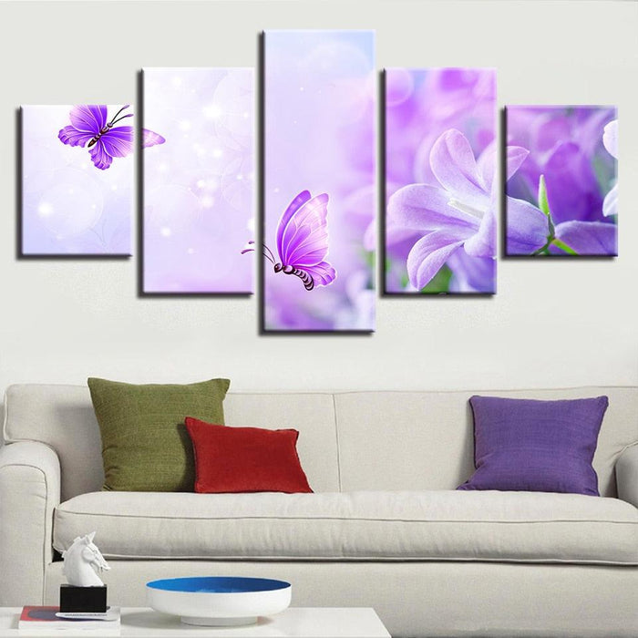 Purple Lilies And Butterflies 5 Piece HD Multi Panel Canvas Wall Art - Original Frame