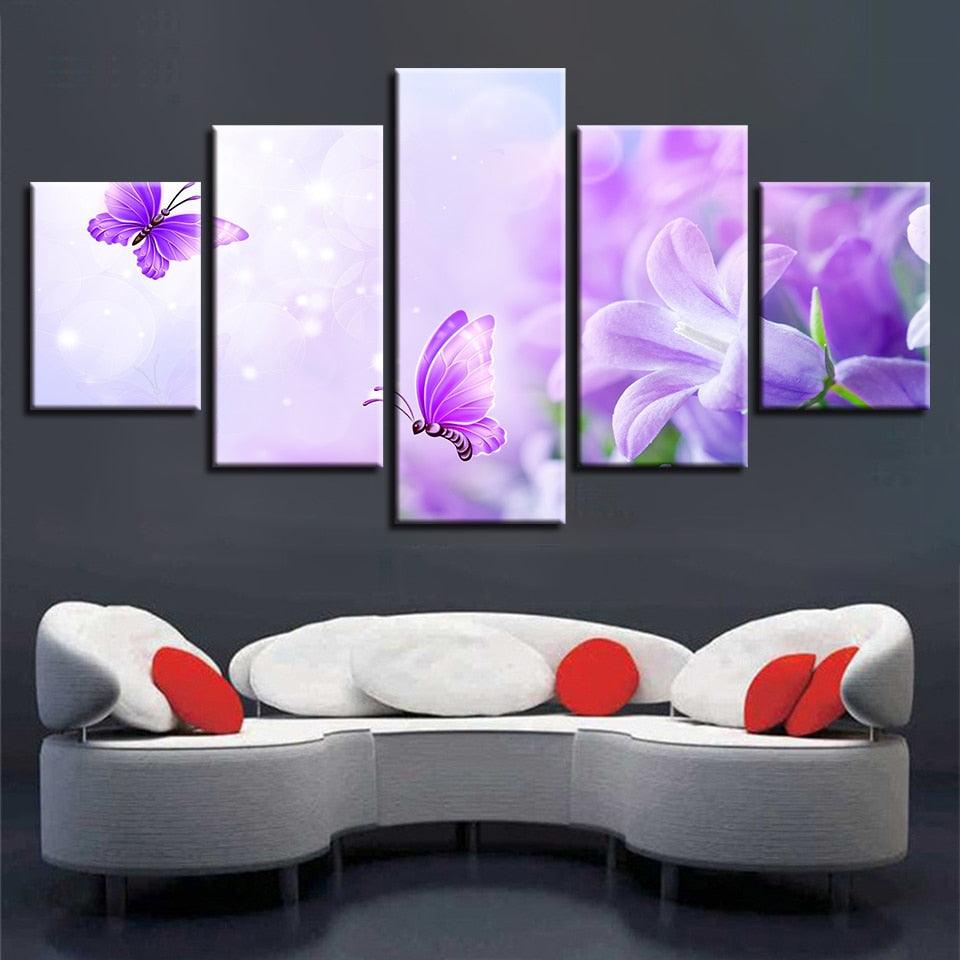 Purple Lilies And Butterflies 5 Piece HD Multi Panel Canvas Wall Art - Original Frame