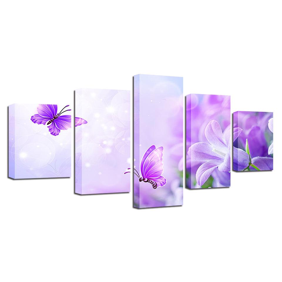 Purple Lilies And Butterflies 5 Piece HD Multi Panel Canvas Wall Art - Original Frame