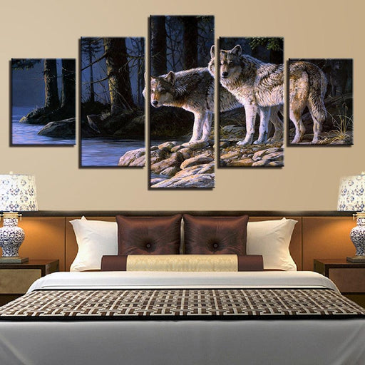 Two Wolves Gazing 5 Piece HD Multi Panel Canvas Wall Art Frame - Original Frame