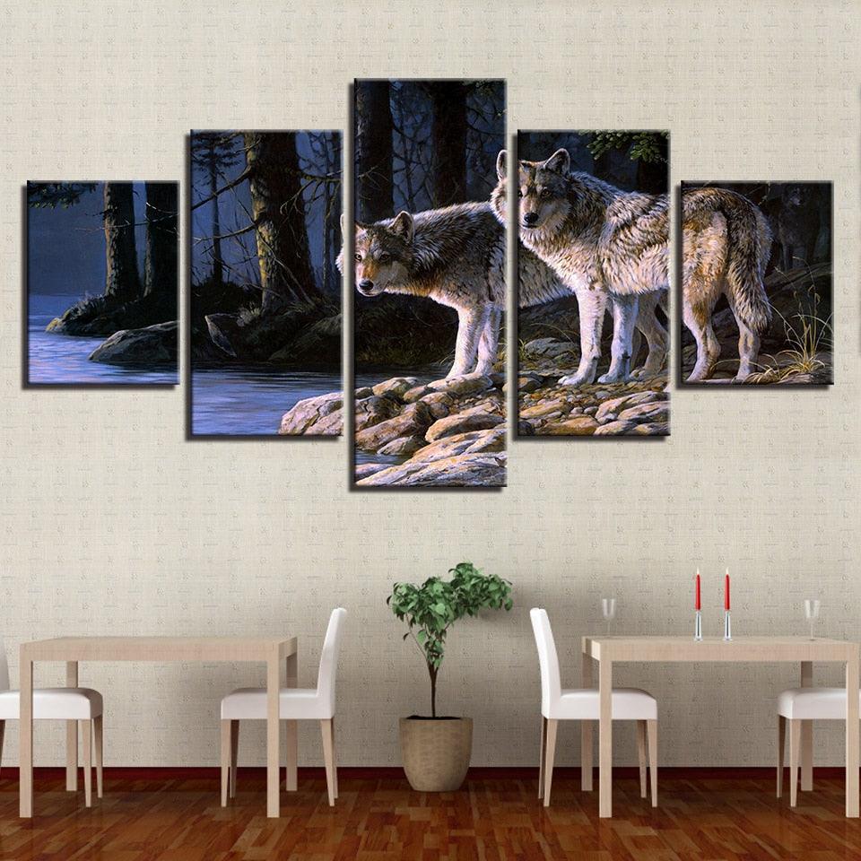 Two Wolves Gazing 5 Piece HD Multi Panel Canvas Wall Art Frame - Original Frame