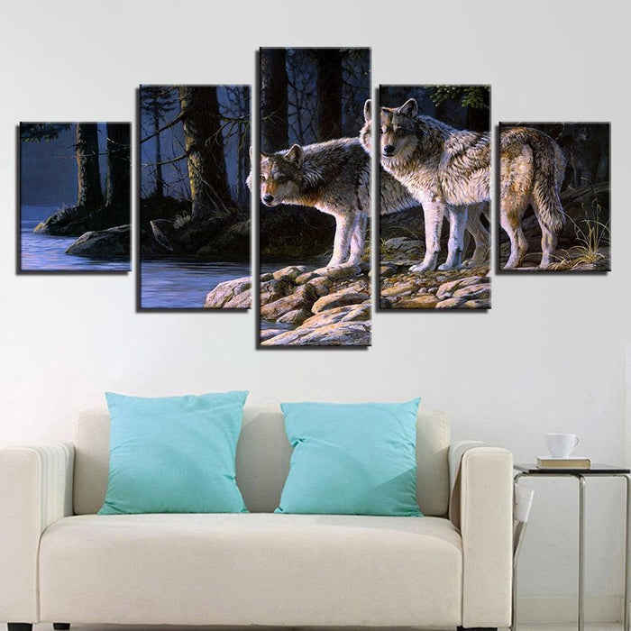 Two Wolves Gazing 5 Piece HD Multi Panel Canvas Wall Art Frame - Original Frame