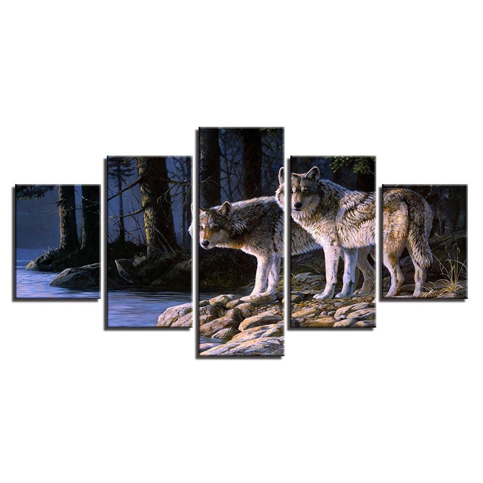 Two Wolves Gazing 5 Piece HD Multi Panel Canvas Wall Art Frame - Original Frame