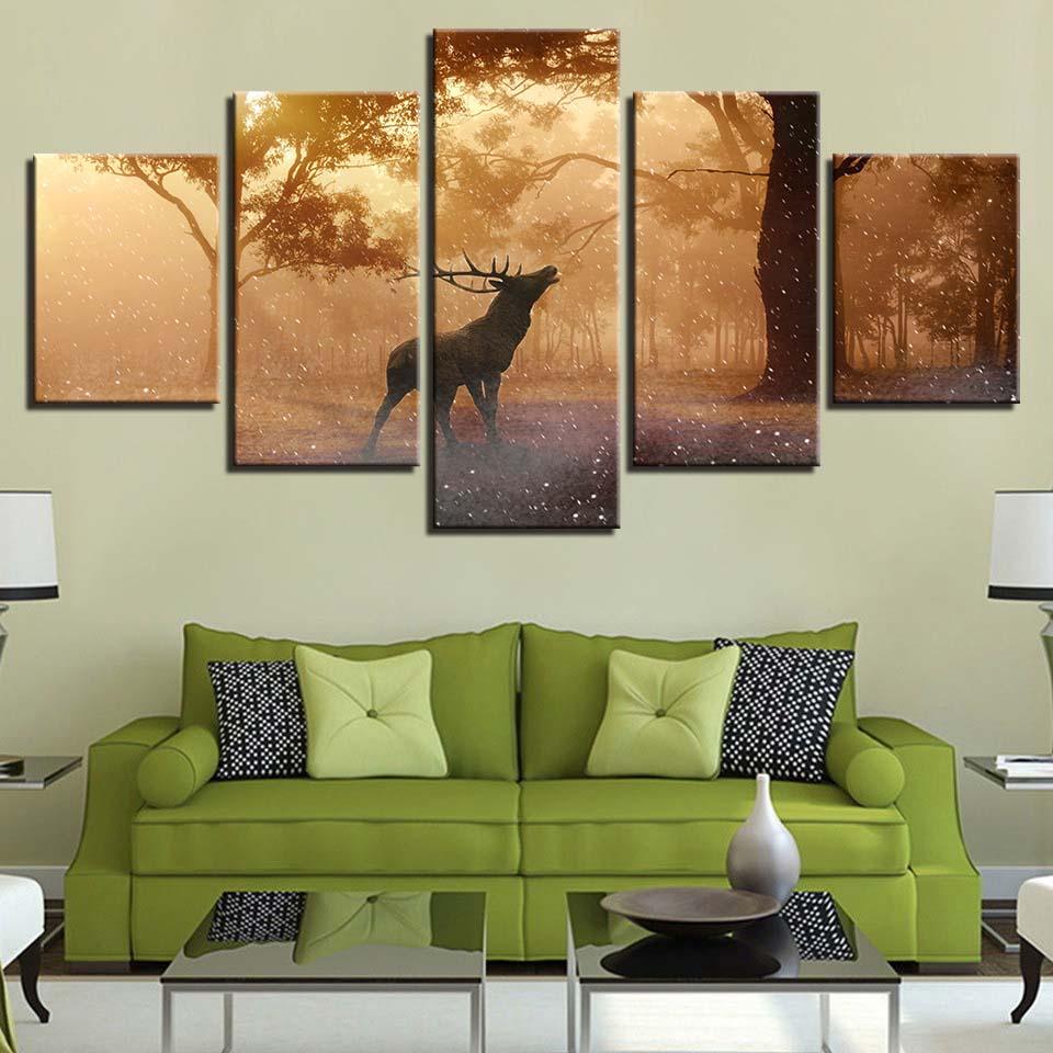 Elk At Sunrise 5 Piece HD Multi Panel Canvas Wall Art Frame - Original Frame