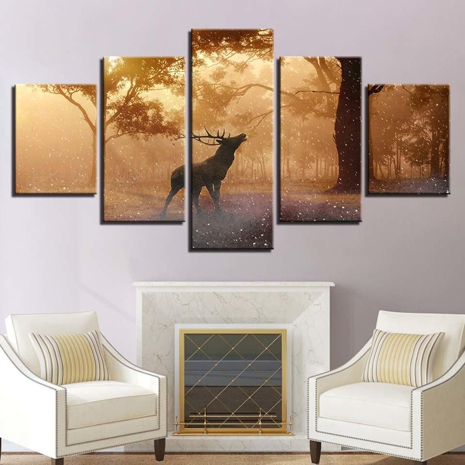 Elk At Sunrise 5 Piece HD Multi Panel Canvas Wall Art Frame - Original Frame