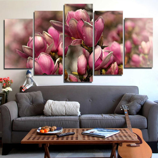 Pink Magnolia Flowers 5 Piece HD Multi Panel Canvas Wall Art Frame - Original Frame