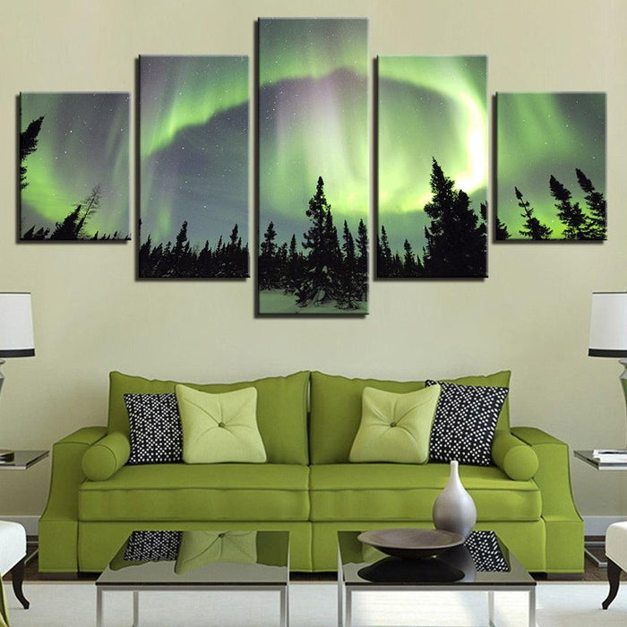 Green Forest Aurora 5 Piece HD Multi Panel Canvas Wall Art Frame - Original Frame