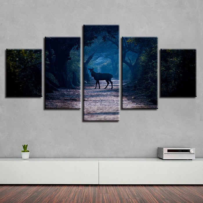 Blue Forest Animal Deer 5 Piece HD Multi Panel Canvas Wall Art Frame
