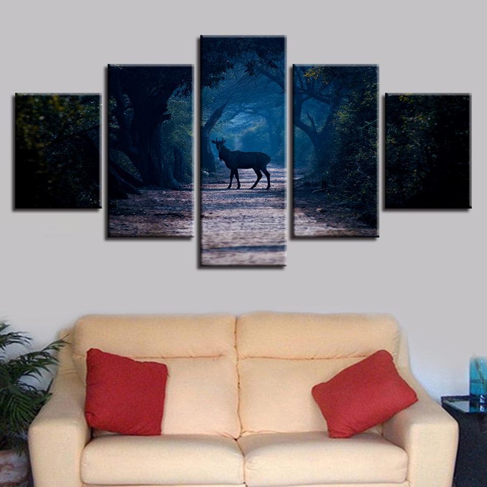 Blue Forest Animal Deer 5 Piece HD Multi Panel Canvas Wall Art Frame - Original Frame