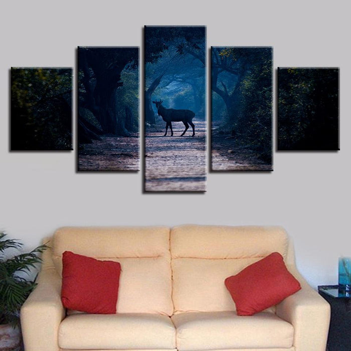 Blue Forest Animal Deer 5 Piece HD Multi Panel Canvas Wall Art Frame