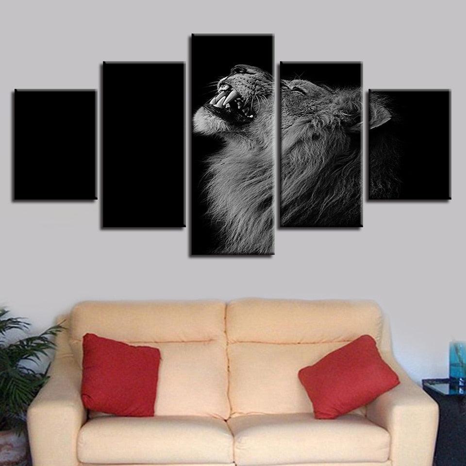 Black Shadow Lion 5 Piece HD Multi Panel Canvas Wall Art Frame - Original Frame