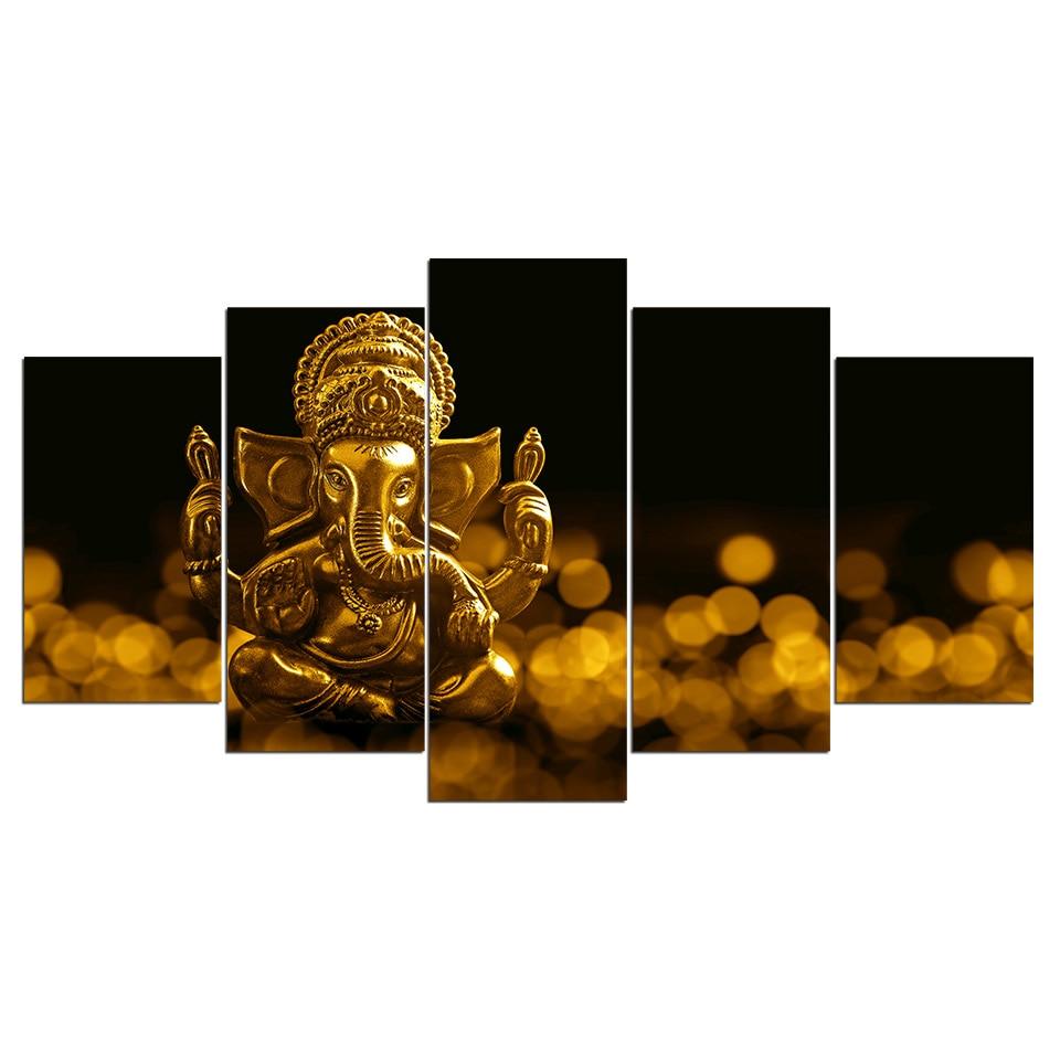 Lord Ganesha Statue 5 Piece HD Multi Panel Canvas Wall Art Frame - Original Frame
