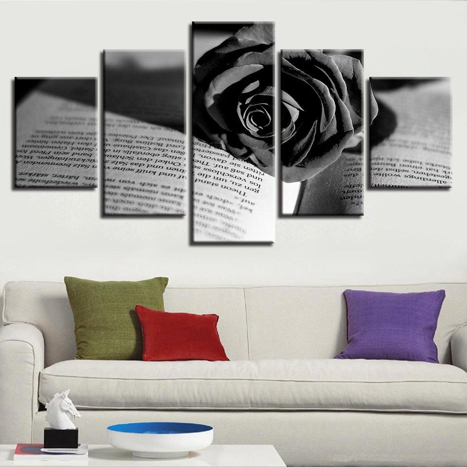 Black Rose And Book 5 Piece HD Multi Panel Canvas Wall Art Frame - Original Frame