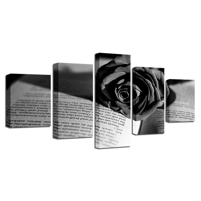 Black Rose And Book 5 Piece HD Multi Panel Canvas Wall Art Frame