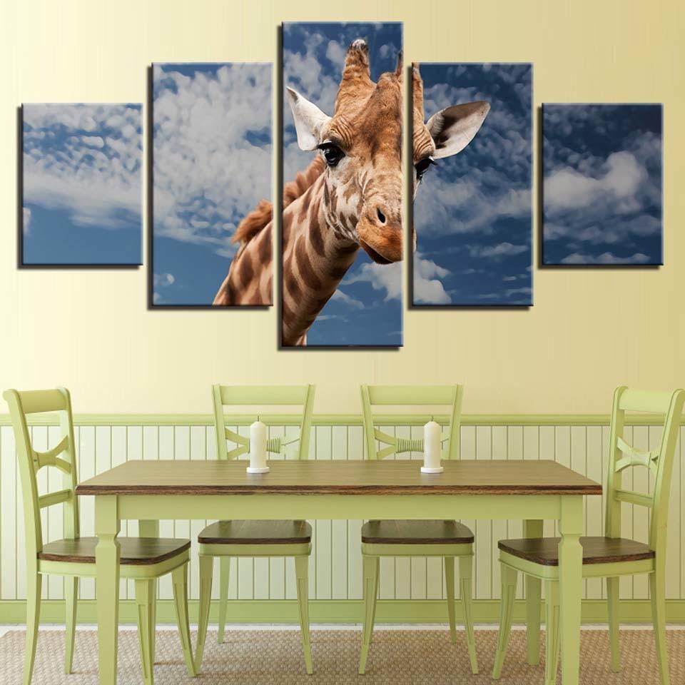 Giraffe Blue Sky And White Clouds 5 Piece HD Multi Panel Canvas Wall Art Frame - Original Frame