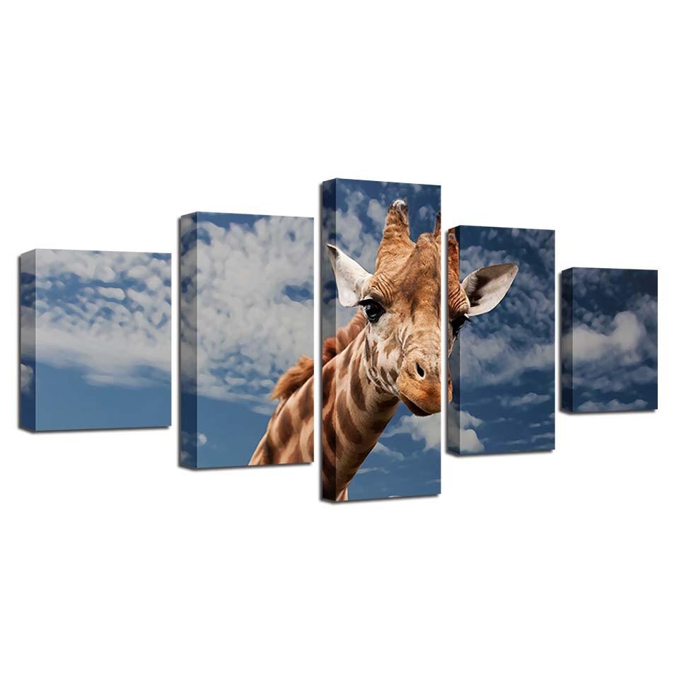 Giraffe Blue Sky And White Clouds 5 Piece HD Multi Panel Canvas Wall Art Frame - Original Frame