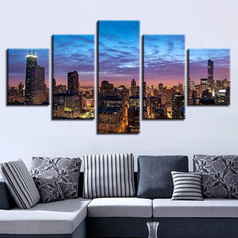 Chicago City Night View 5 Piece HD Multi Panel Canvas Wall Art Frame - Original Frame
