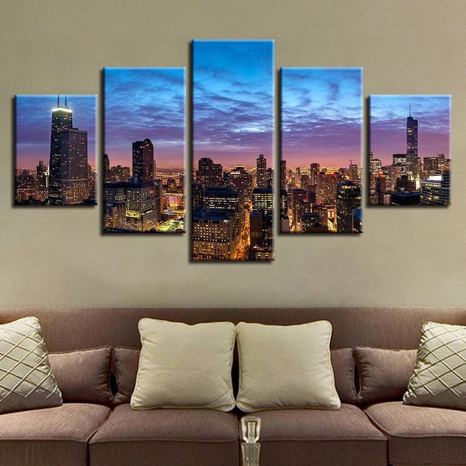 Chicago City Night View 5 Piece HD Multi Panel Canvas Wall Art Frame - Original Frame