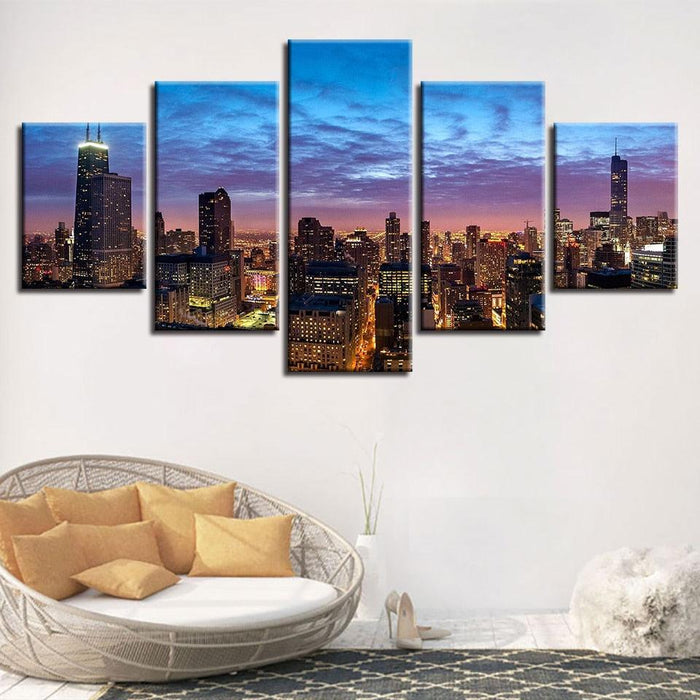 Chicago City Night View 5 Piece HD Multi Panel Canvas Wall Art Frame - Original Frame