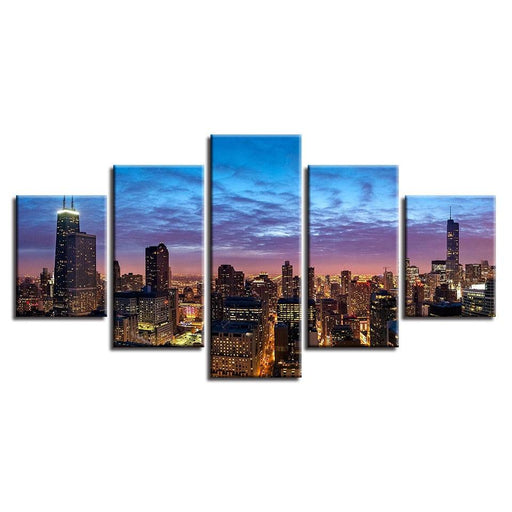 Chicago City Night View 5 Piece HD Multi Panel Canvas Wall Art Frame - Original Frame