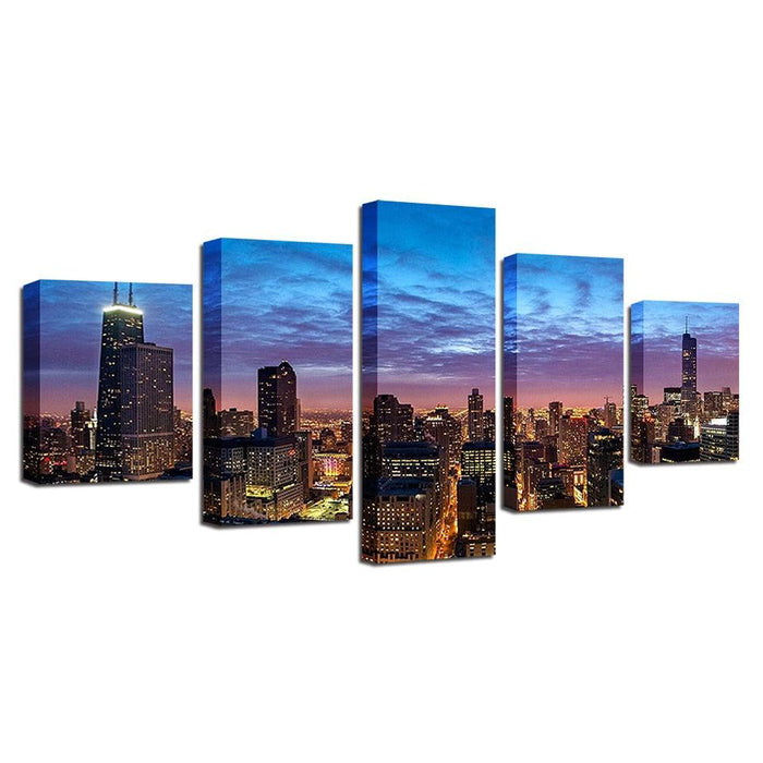 Chicago City Night View 5 Piece HD Multi Panel Canvas Wall Art Frame - Original Frame