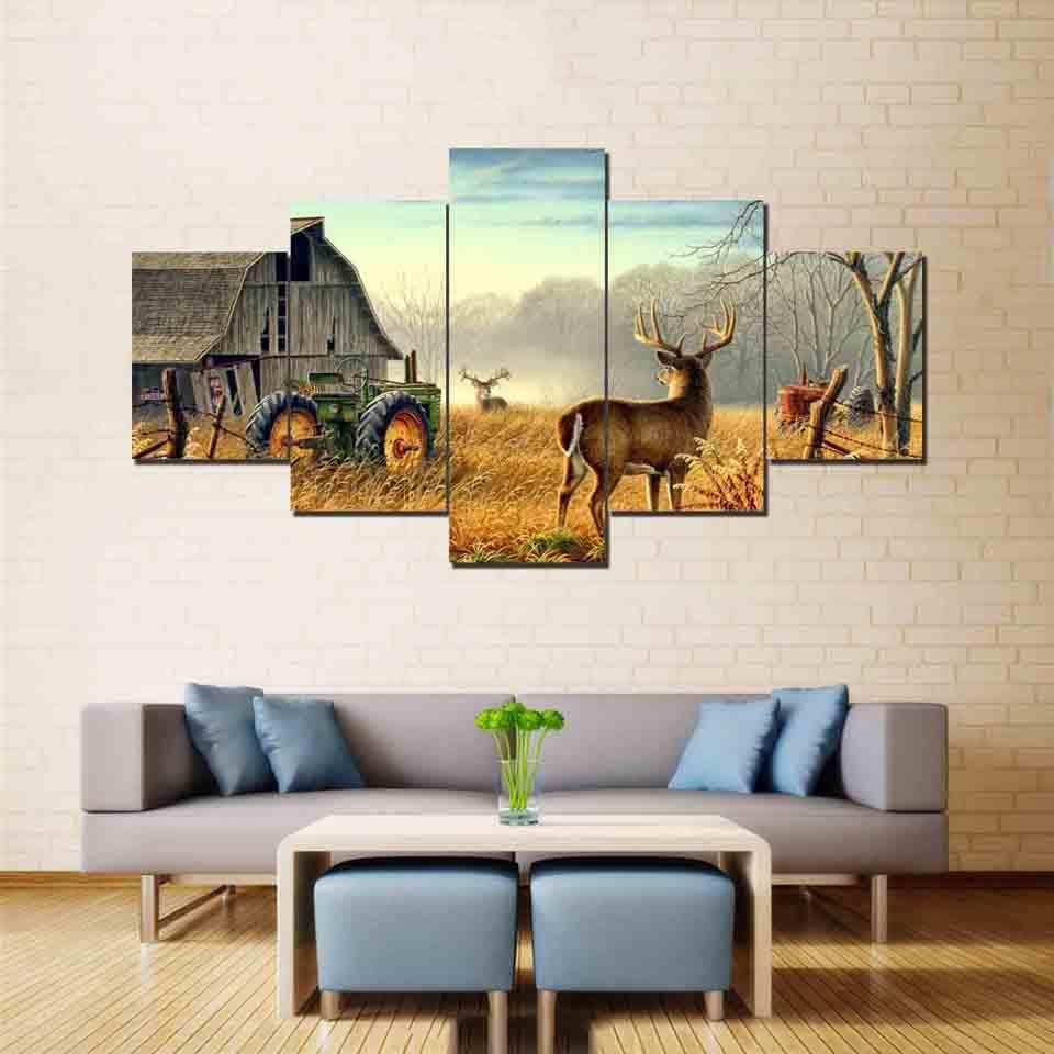 Deer On The Farm 5 Piece HD Multi Panel Canvas Wall Art Frame - Original Frame