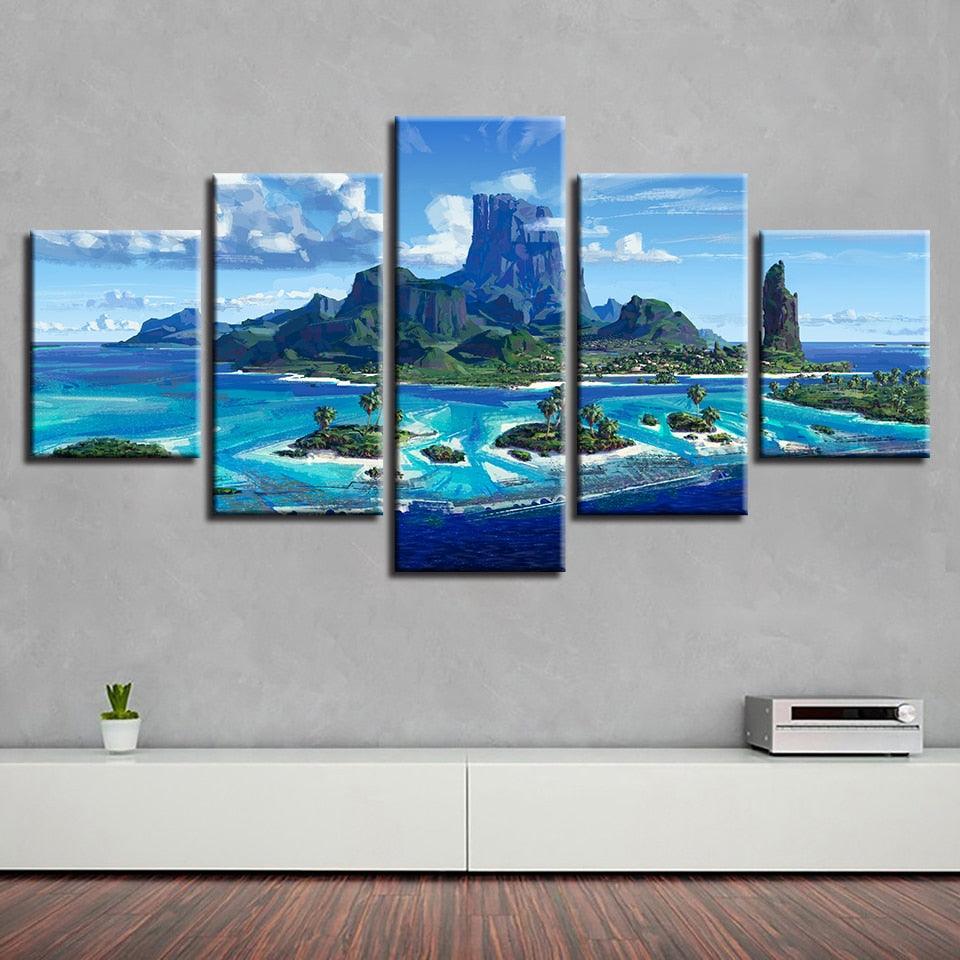 Blue Ocean Islands 5 Piece HD Multi Panel Canvas Wall Art Frame - Original Frame