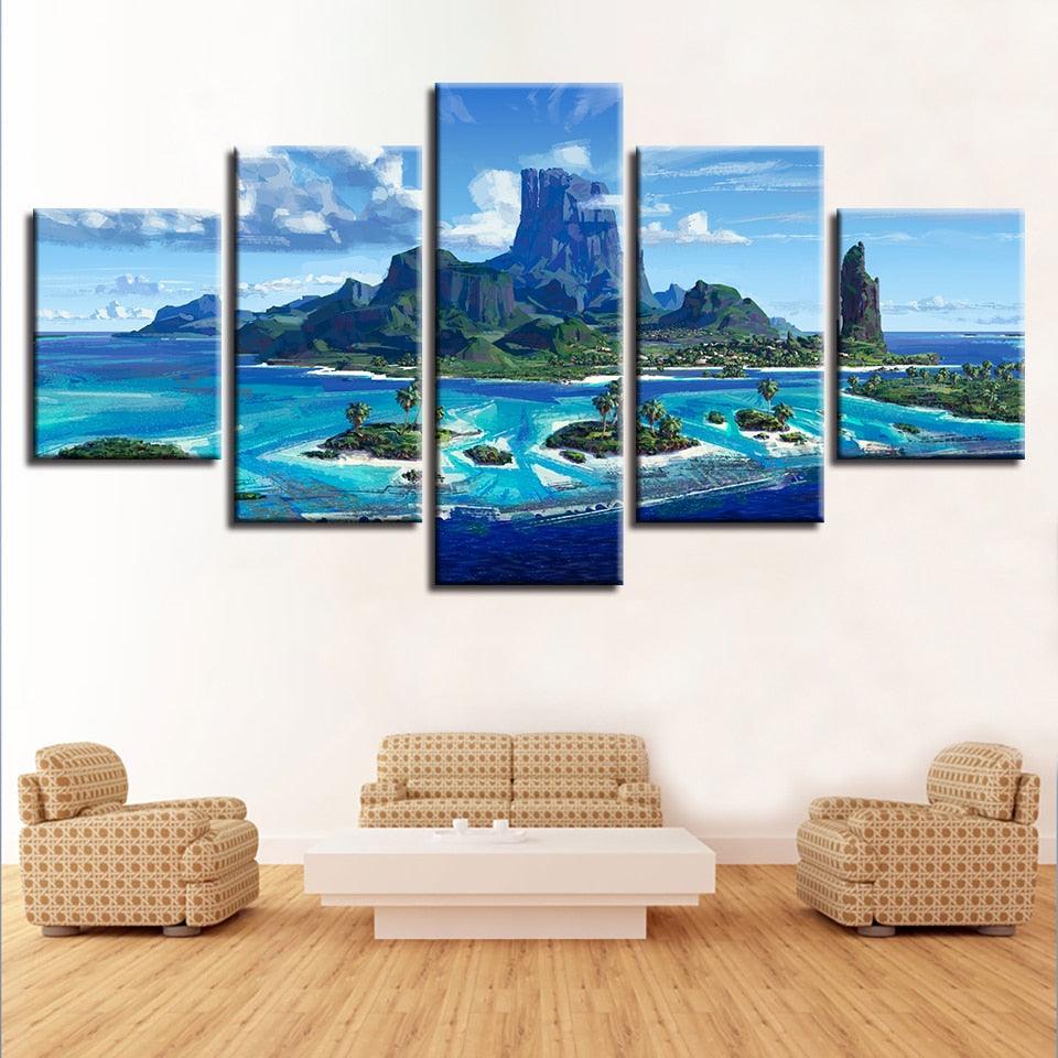Blue Ocean Islands 5 Piece HD Multi Panel Canvas Wall Art Frame - Original Frame