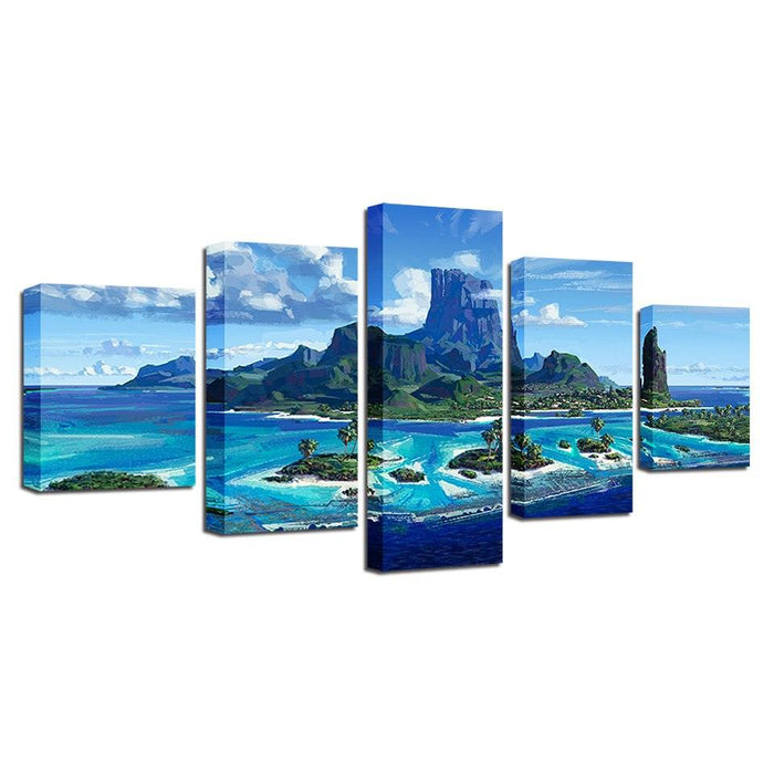 Blue Ocean Islands 5 Piece HD Multi Panel Canvas Wall Art Frame - Original Frame