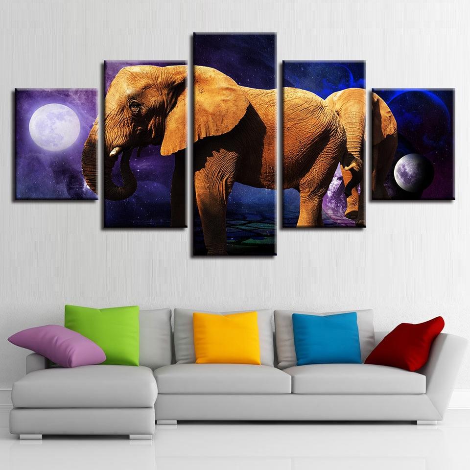 Planet Animals Elephants Night 5 Piece HD Multi Panel Canvas Wall Art - Original Frame