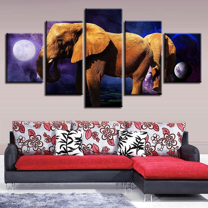 Planet Animals Elephants Night 5 Piece HD Multi Panel Canvas Wall Art - Original Frame